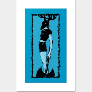 Woman in a deer skull with an axe Posters and Art